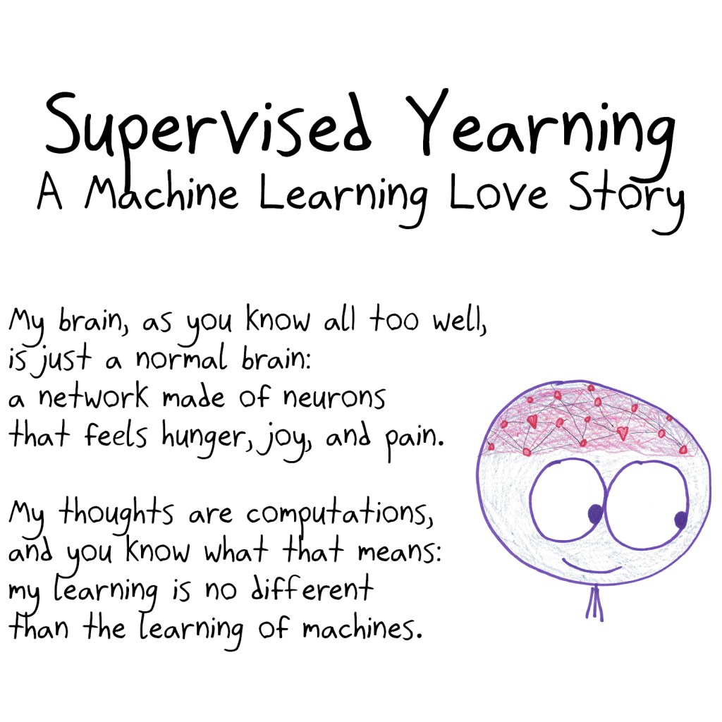 My brain, as you know all too well,
is just a normal brain:
a network made of neurons
that feels hunger, joy, and pain.
My thoughts are computations,
and you know what that means:
my learning is no different
than the learning of machines.