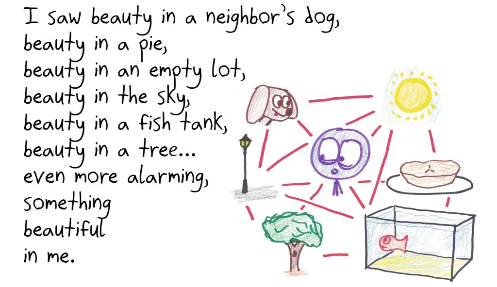 I saw beauty in a neighbor’s dog,
beauty in a pie,
beauty in an empty lot,
beauty in the sky,
beauty in a plated meal,
beauty in a tree—
even more alarming,
something beautiful
in me.